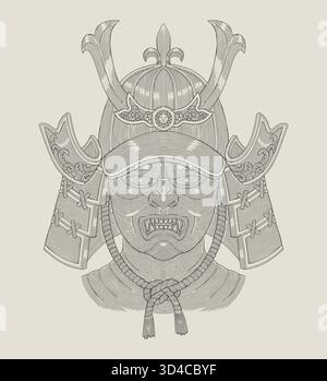 Traditional Japanese Samurai helmet, vintage Engraving drawing style vector illustration Stock Vector