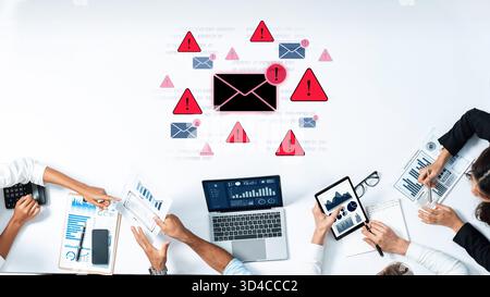Concept of a cybersecurity warning for unsafe email communication. This alert signifies a phishing attack, spam, or malware risk that requires Stock Photo