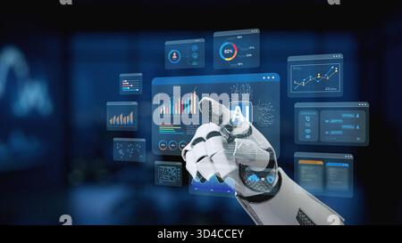 A robotic hand interacts with an advanced AI interface featuring dynamic data visualizations. The image showcases innovation in technology and Stock Photo