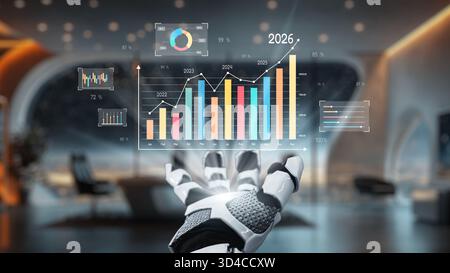 A futuristic robotic hand showcases immersive holographic data visualization featuring vibrant charts and statistics, set in a sleek modern office Stock Photo