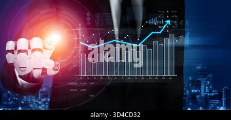 A businessman dressed in a suit uses a futuristic robotic hand to interact with a data visualization interface, representing innovation in technology Stock Photo