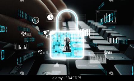 Conceptual image illustrating digital security featuring a padlock overlay on a keyboard, highlighting the importance of data protection and cyber Stock Photo