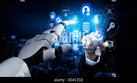 Artificial intelligence protects cybersecurity systems, detecting cyber attacks, blocking malware, and securing networks with smart defense technology Stock Photo