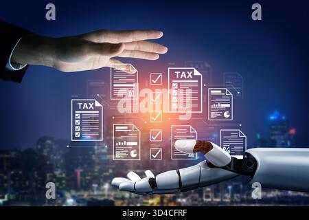 An AI assistant automates the tax compliance workflow. The system audits and verifies financial documents against government regulations to ensure Stock Photo