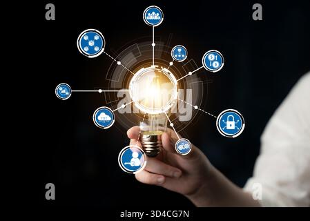 Illuminate your business ideas with this engaging image featuring a light bulb surrounded by innovative technology symbols, representing creativity Stock Photo