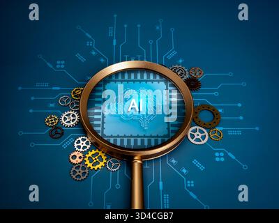 Artificial intelligence and machine learning concept with AI brain chip icon under magnifying glass lens and circuit board on dark blue background, sy Stock Photo