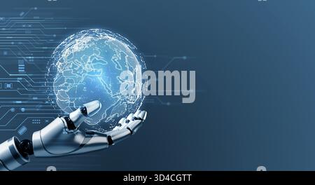 Futuristic technology concept with robotic hand hold digital world globe and circuit pattern, symbolizing AI, robotics, global data, digital transform Stock Photo