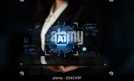 A futuristic AI core processor and system analytics dashboard. This concept highlights the raw processing power of AI for deep data analysis, system Stock Photo