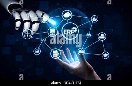Artificial intelligence enhances ERP systems, optimizing processes, integrating business data, and supporting smart decision-making across Stock Photo