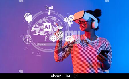 A joyful woman engages with virtual reality technology while using a smartphone, surrounded by dynamic AI and tech illustrations against a sleek Stock Photo