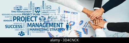 Analyst team putting hand together after successful plan of business strategy and marketing. Teamwork friends and unity cooperation in office with Stock Photo