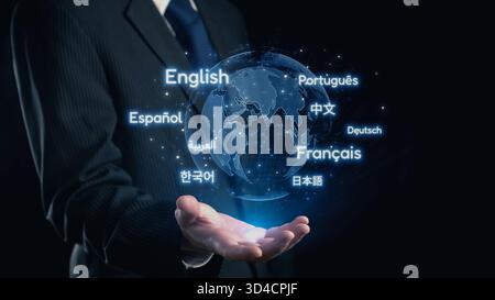 A business professional holds a glowing globe displaying various languages, symbolizing global communication, cultural diversity, and connectivity in Stock Photo