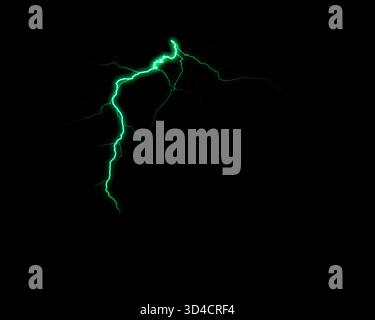 An intense, glowing green lightning flash vividly crackles across a stark black backdrop, creating a dramatic electrical discharge. Stock Photo