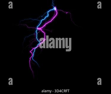 Bright blue and pink lightning flashes through the void, creating a dynamic, electrifying visual against pure darkness. Stock Photo