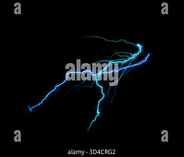 Vibrant blue and teal electric arcs illuminate a dark void, showcasing powerful energy and dynamic electrical discharge. Stock Photo