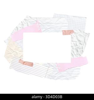 Rectangular frame made of torn notebook paper, pastel scraps, and tape. Isolated ephemera clipart. Template for photo collages, journaling pages Stock Photo