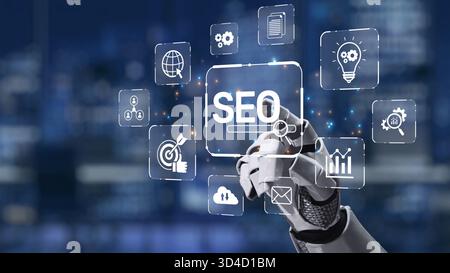 A futuristic robotic hand engages with various digital icons representing SEO concepts, showcasing the intersection of technology with modern Stock Photo