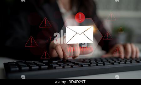 Digital warning mail interface highlights email threat detection, security monitoring, and proactive prevention of phishing and malware intrusions Stock Photo