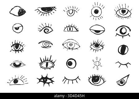 Eyes Crazy doodle black eyes. Open eye creative hand drawn human parts of faces elements, various opened eyes. Black ink vision icon, hand drawn grunge ophthalmologist symbol, drawn charcoal eyes. Vector illustration Stock Vector