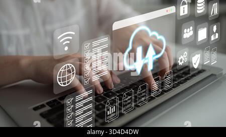 Cloud upload and download icon with surrounding data management, security, and analytics icons in digital interface Parse Stock Photo