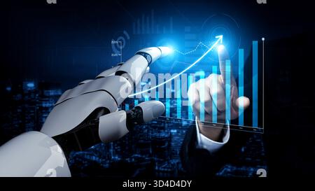 A robotic hand reaches out towards interactive digital graphs in a modern office setting, symbolizing technology integration, business growth, and Stock Photo