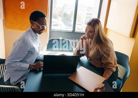 Two professional women having a productive discussion while reviewing work on a laptop. Stock Photo