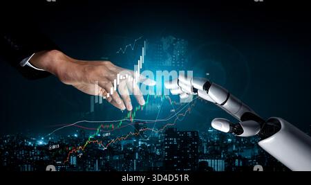 This image captures a symbolic moment of collaboration between a human hand and a robotic hand, set against a backdrop of digital financial graphs and Stock Photo