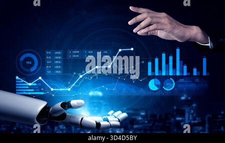 A human hand reaches out toward a robotic hand against a backdrop of financial charts, showcasing the integration of technology and human interaction Stock Photo