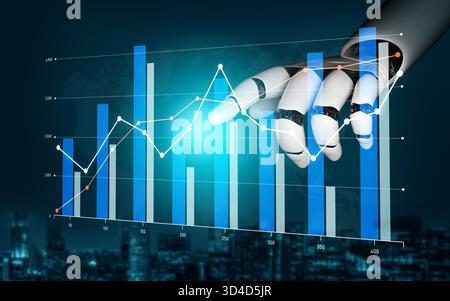 A robotic hand interacts with graphs and data visualizations, representing growth trends and analytics in a sleek, futuristic digital finance Stock Photo