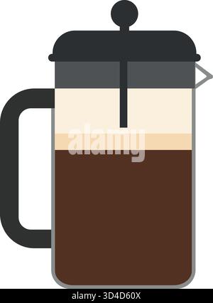 A glass sided press pot with metal frame and plunger brews rich immersion coffee on the counter Stock Vector