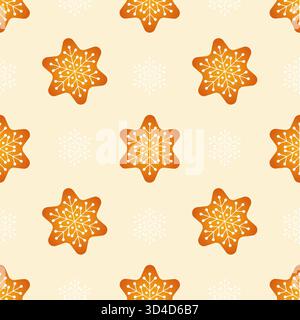 Christmas star shaped cookies with icing, festive treat for New Years and Christmas. Seamless pattern. Vector illustration Stock Vector