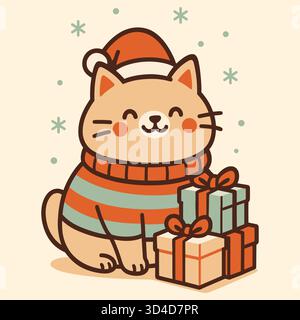 Cute Christmas cat wearing winter sweater with gift boxes and snow background, festive holiday illustration Stock Vector
