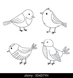 Four cute cartoon birds are drawn in a simple line art style, each showcasing unique features. This design is perfect for coloring activities and crea Stock Vector