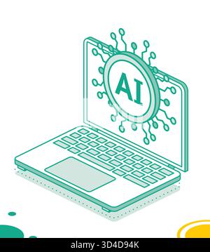Artificial intelligence on laptop. Isometric vector illustration of AI technology and computer system. Stock Vector