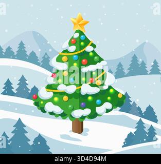 Isometric Christmas tree with snow and glowing lights in winter landscape. Vector illustration. Stock Vector
