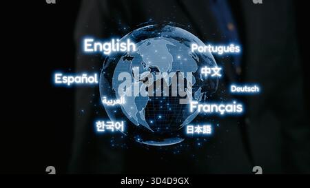 A futuristic representation of the Earth highlights various languages surrounding a digital globe, symbolizing global communication and cultural Stock Photo