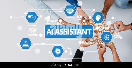 A dynamic image showcasing collaboration in developing AI assistants with various technology icons, emphasizing teamwork, innovation, and modern Stock Photo