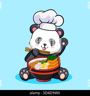 Cute Panda Chef Enjoying a Delicious Bowl of Ramen Vector Illustration Cartoon Design Stock Vector