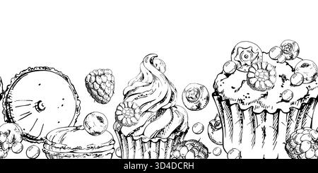 Blueberry and raspberry mousse macarons, whipped cream cupcake, mixed berries and dragee topped muffin hand drawn in vector ink. Long repeat visuals Stock Vector
