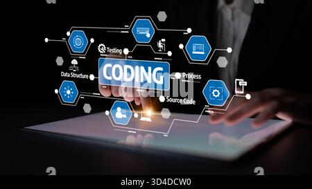 A focused individual interacts with a tablet showcasing a visual representation of coding concepts including data structure and testing, symbolizing Stock Photo