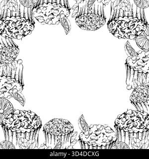 Frosted cupcake with chocolate dragees, mint garnish and sugar sprinkle icing on muffins in vector ink. Hand drawn isolated illustration for corner Stock Vector