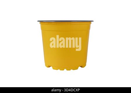 Vivid yellow plastic flower pot photographed in studio isolated on a white background. Perfect for gardening themes, product listings, e-commerce cata Stock Photo