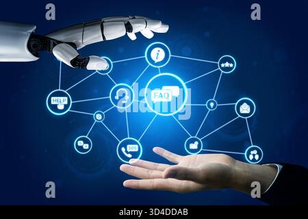 Artificial intelligence assists online help and FAQ services, answering questions, guiding customers, and improving support efficiency through smart Stock Photo