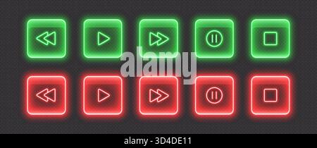Neon media player buttons. Glossy glowing audio control icons. Stock Vector