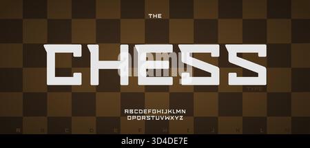 Chess brown background with modern geometric font logo alphabet, checkers pattern texture with cool squared blocks typographic design for tournaments Stock Vector