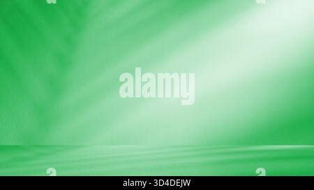 Vibrant serene summer tropical background featuring green textured wall bright angled sunlight. Soft diffused shadows of palm leaves are cast across t Stock Photo