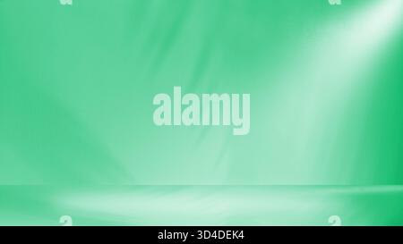 Vibrant serene summer tropical background featuring green textured wall bright angled sunlight. Soft diffused shadows of palm leaves are cast across t Stock Photo