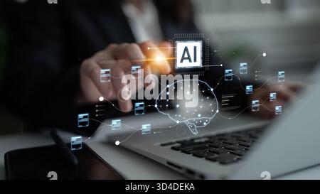 AI neural network and data processing system visualizing artificial intelligence with brain structure, chip, and connected data blocks for computation Stock Photo