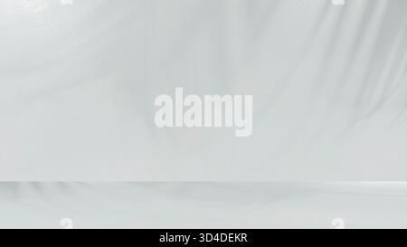 Minimalist clean and empty studio room featuring uniform soft light gray and floor. Space bathed in natural bright light which creates subtle diffused Stock Photo