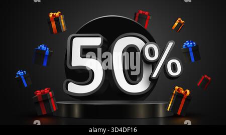 Dynamic 50 Percent Discount Promotion with Flying Gift Boxes on a dark elegant background. Vector illustration Stock Vector